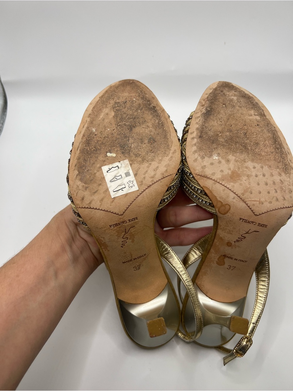 Rene Caovilla Gold Crystal Medallion Slingback Heels - Picture 14 of 15